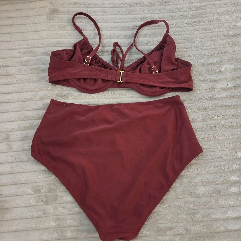 Shade & Shore Burgundy Bikini 2 pc Set Top 38C Bottom M High Waisted Underwire